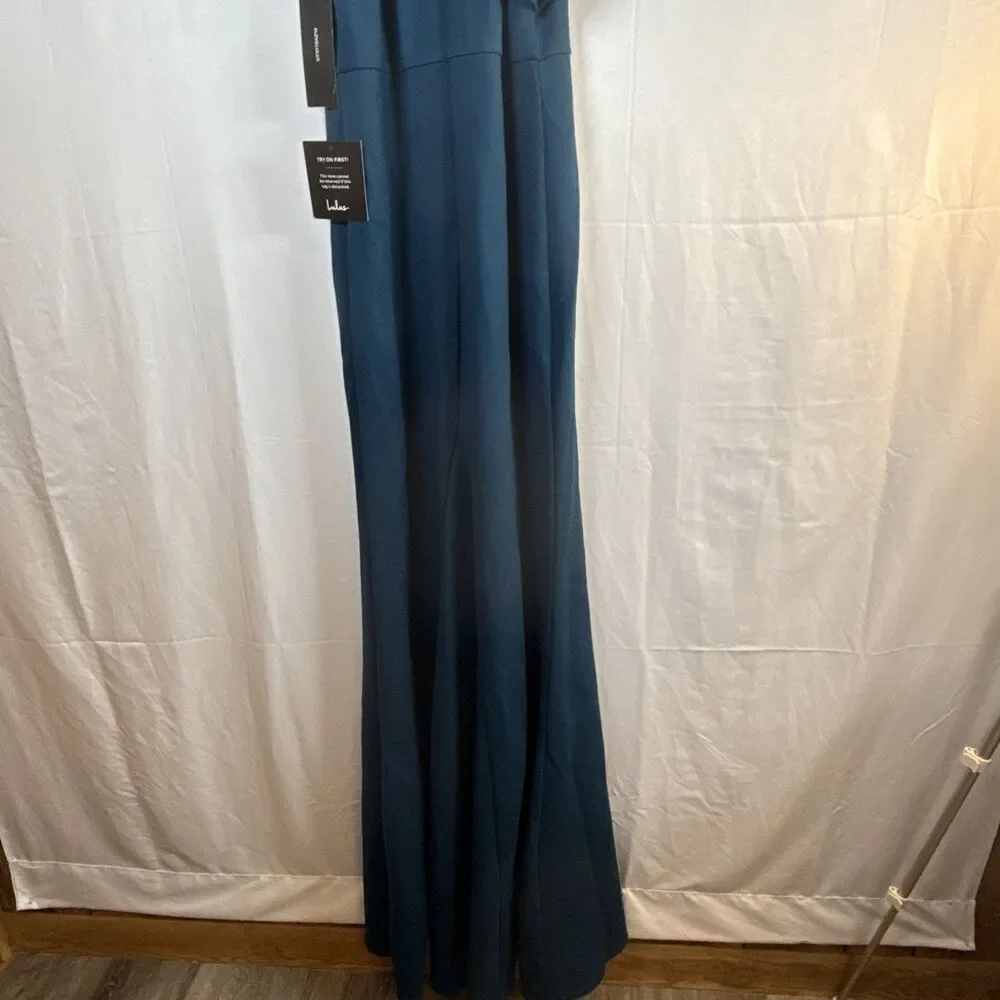 Lulus Margeaux Teal Cape Sleeveless Long Gown Size Small NWT - Picture 7 of 15